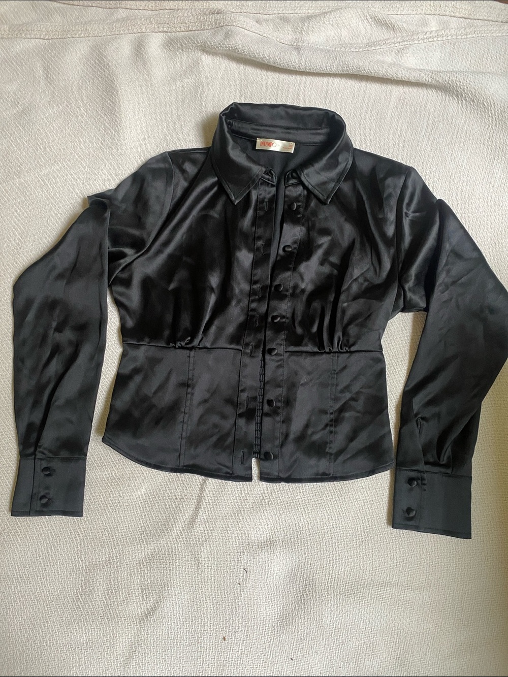 Satin Black Button-Front Women's Blazer Jacket